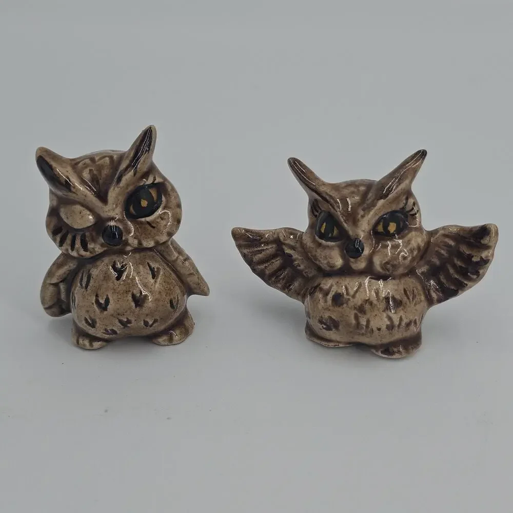 Vintage Ceramic Owl Figurines Miniature Set Collectibles Handpainted MCM 1970s